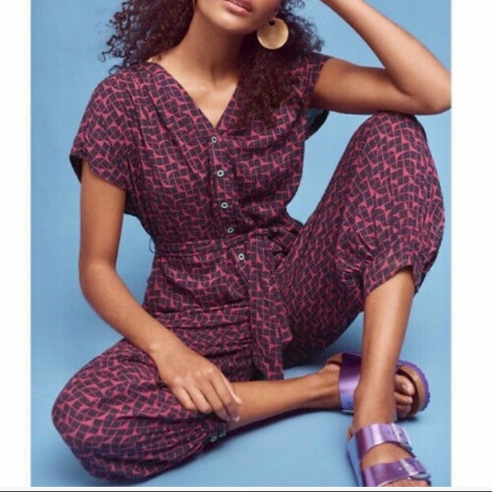 Anthropologie Maeve Purple and Navy Jumpsuit with Waistbelt